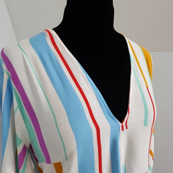 Lovestitch Striped Multicolor Vibrant Tie Blouse Casual Boho Chic Coastal V Neck - Picture 7 of 12